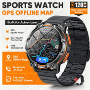 Black sports watch with a black metal link band and orange accents, shown on a white background with promotional text 