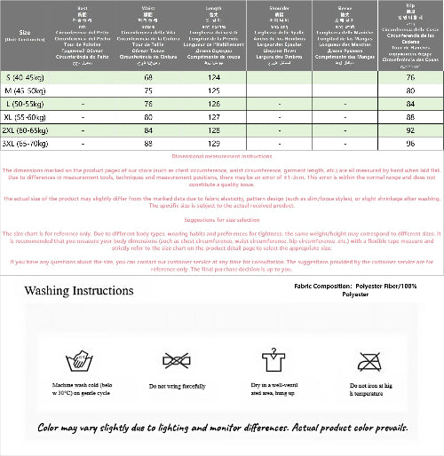 Size chart and washing instructions for a product with dimensions and fabric composition details.