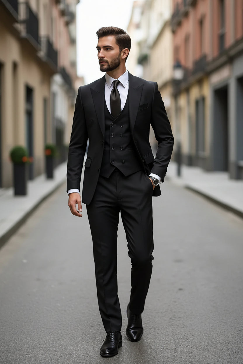 Man wearing a black suit with a tie on a city street