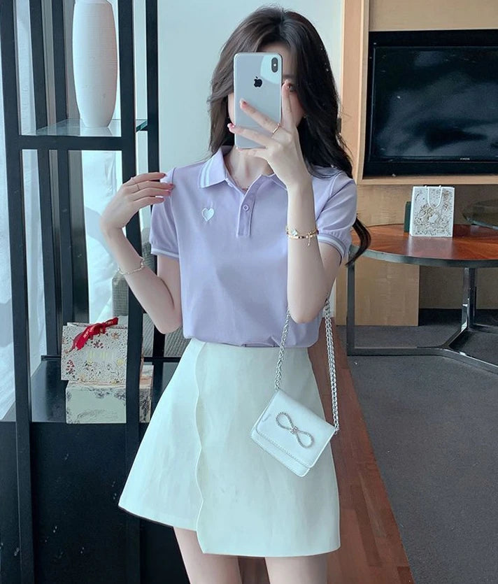 Polo Neck Shirt for Women100℅ Cotton  Woman T Embroidery Button Graphic Slim Korean Clothing Trend 2025 Youthful Elegant Style