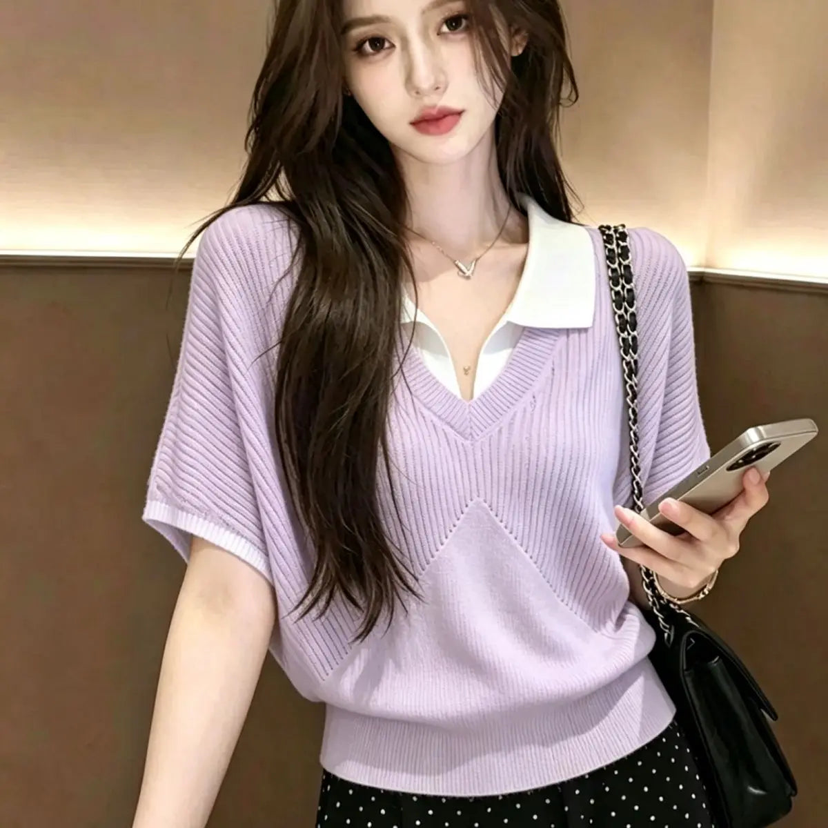 Polo Neck Contrast Patchwork Fake Two Ice Silk Korean Tops Women Clothes Thin Short Sleeve Trend T Shirts Elegant Fashion Summer