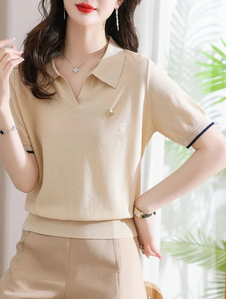 Female Tee Baggy Plain Knitted Cute T-shirts Kawaii Women's Polo Pulovers Offer Comfortable Summer 2025 with Collar New On