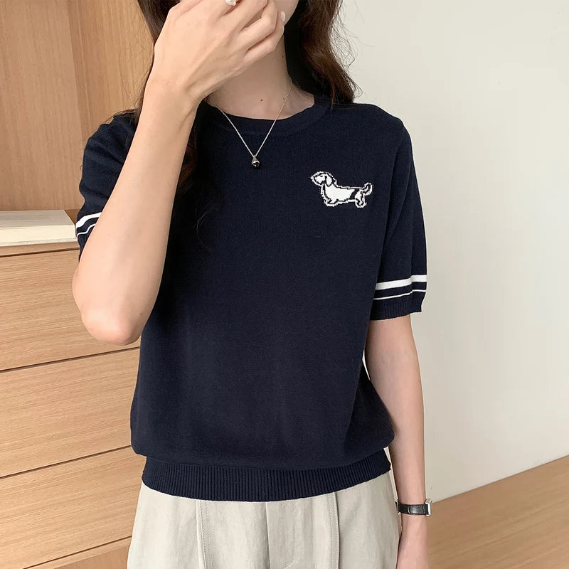 Summer 100% cotton women's T-shirt casual solid color knitted pullover short sleeved loose round neck Tees Pull embroidered Tops