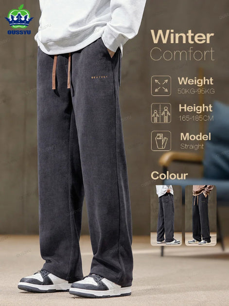 Person wearing dark gray winter pants with brand logo, size and weight information displayed.
