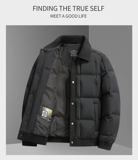 A men's black puffer jacket with a ribbed collar, snap-button front, and ribbed cuffs and hem, displayed against a gray background with promotional text at the top.