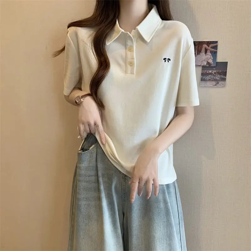 Pink Woman 100℅ Cotton Tshirt Embroidery Polo Neck T Shirt for Women Korean Clothing Y2k Fashion High Quality Youthful Elegant