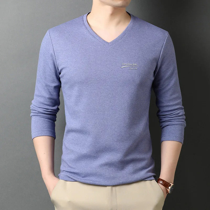 Top Quality New Fashion Brand Solid Color Plain V Neck Long Sleeve t Shirt Men Cotton Casual Men Clothes 2025