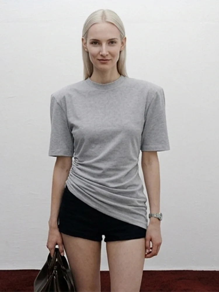 Versatile Regular-shoulder T-shirts Women Casual White Round Neck Irregular Hem Pleated Short Top Summer Lady Street Wear New