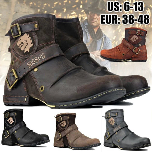 Brown leather boots with buckles and a lion emblem, displayed with size information and a blurred background.