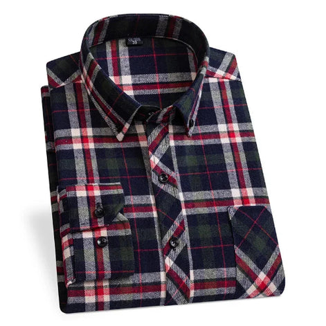A folded long-sleeve plaid button-up shirt with a navy, red, white, and green tartan pattern, displayed on a clean white background.