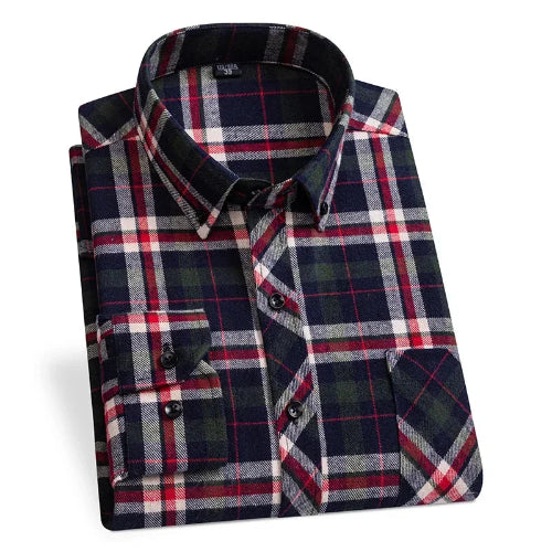 A folded long-sleeve plaid button-up shirt with a navy, red, white, and green tartan pattern, displayed on a clean white background.