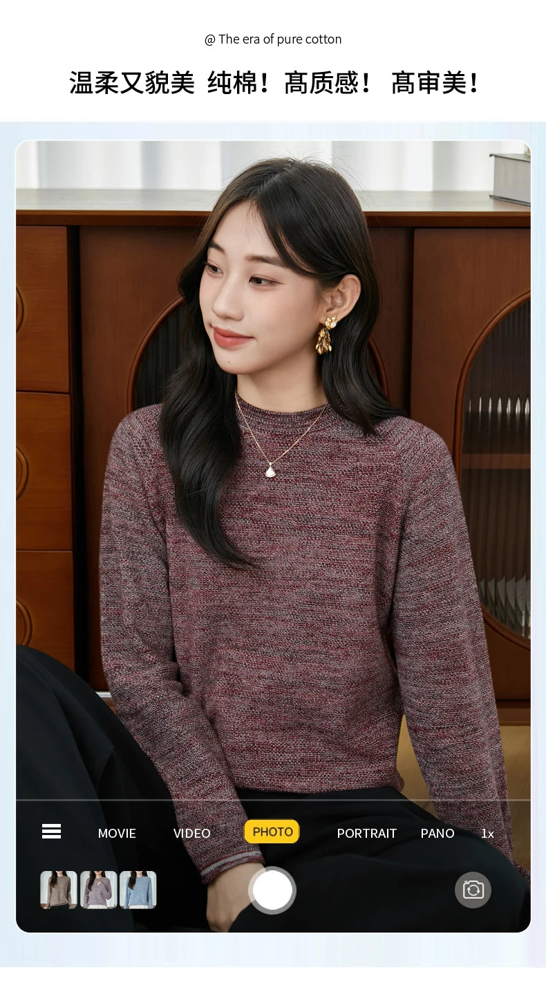 100% pure cotton women's knitted sweater casual round neck pullover for autumn and winter new women's top loose and hot selling