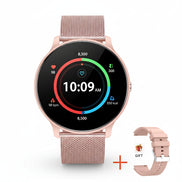 Rose gold smartwatch with digital display and additional band on a white background