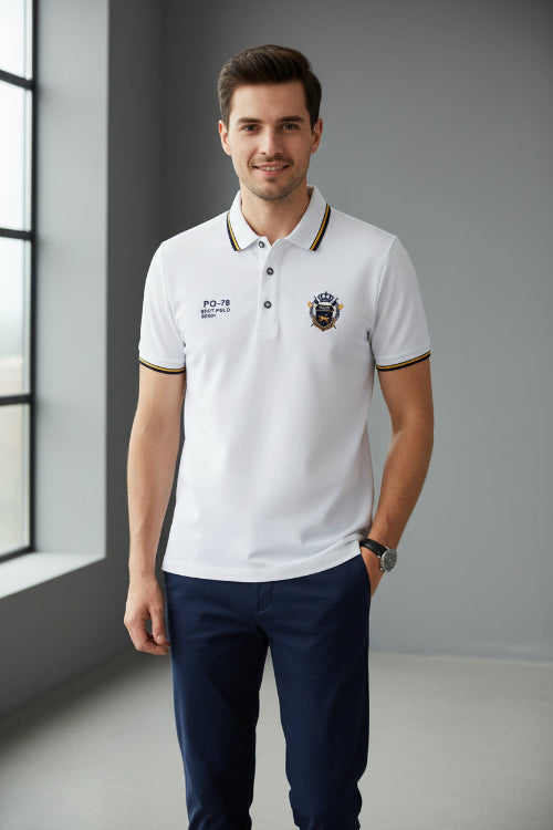 White polo shirt with a logo on a dark gray background