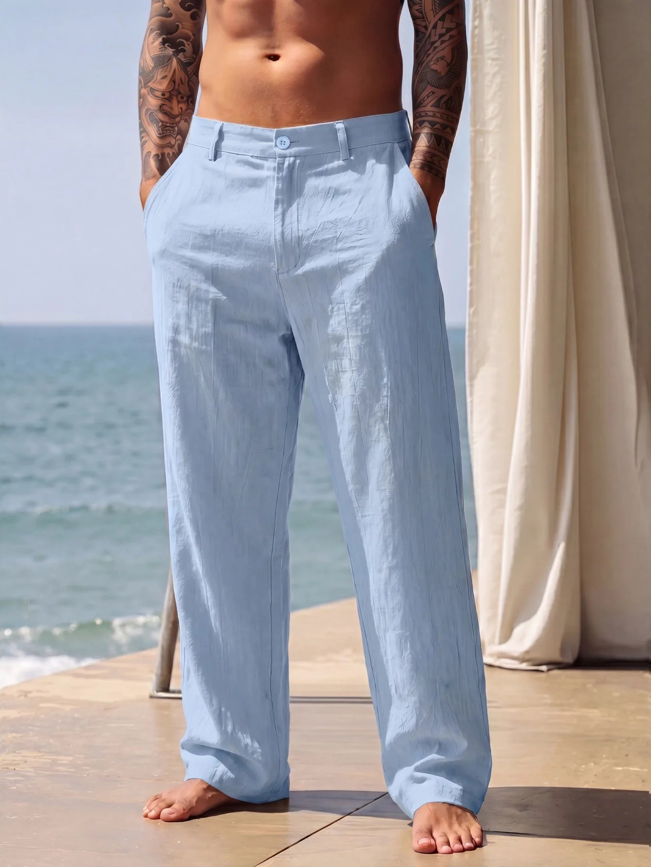 2026 New Amazon European and American men's linen solid color casual suit pants new fashion beach wide-leg trousers