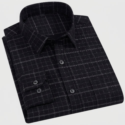 Black checkered shirt with button details on a white background
