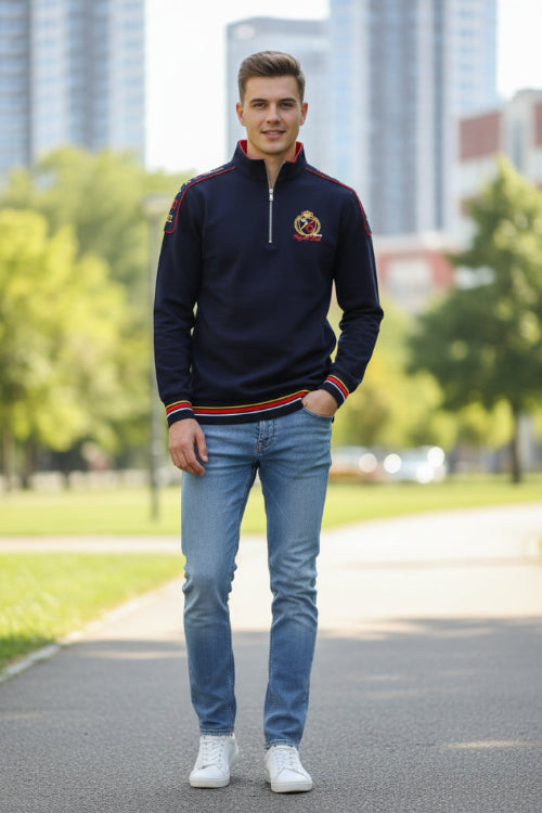 Navy blue long-sleeve shirt with red collar and embroidery on a white background, featuring Tace & Shark brand logo.