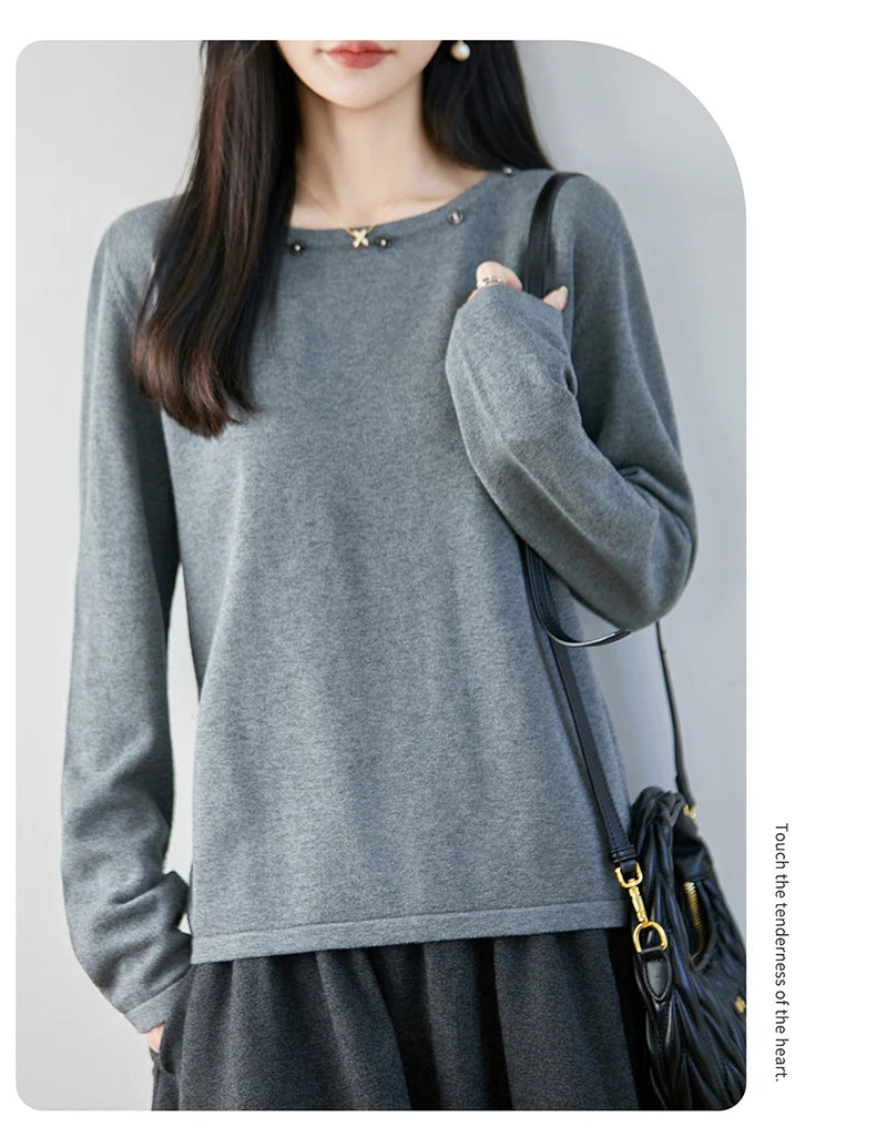 High end fashion 100% pure cotton women's sweater casual knitted round neck pullover autumn and winter solid color women's top