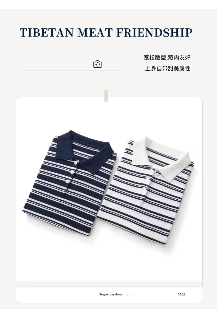 WinvyNee Summer Women's Pure Cotton Sweaters Polo T-Shirts White Half Sleeve Striped Tees Y2k Outerwears Pullover Tops ZA1523012