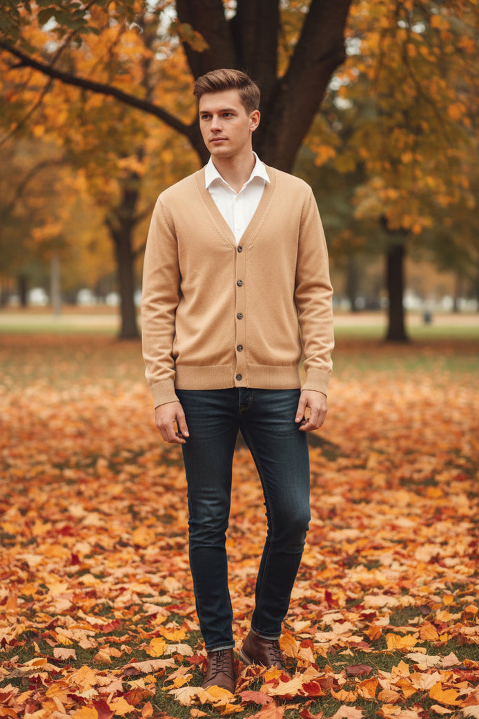 Beige cardigan over a white shirt on a wooden hanger against a wooden cabinet background.
