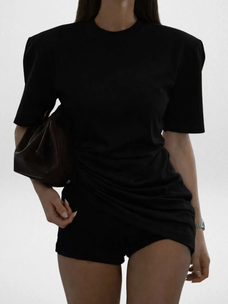 Versatile Regular-shoulder T-shirts Women Casual White Round Neck Irregular Hem Pleated Short Top Summer Lady Street Wear New