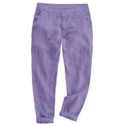 A pair of light purple trousers with a relaxed, tapered fit and rolled cuffs, shown flat against a solid white background.