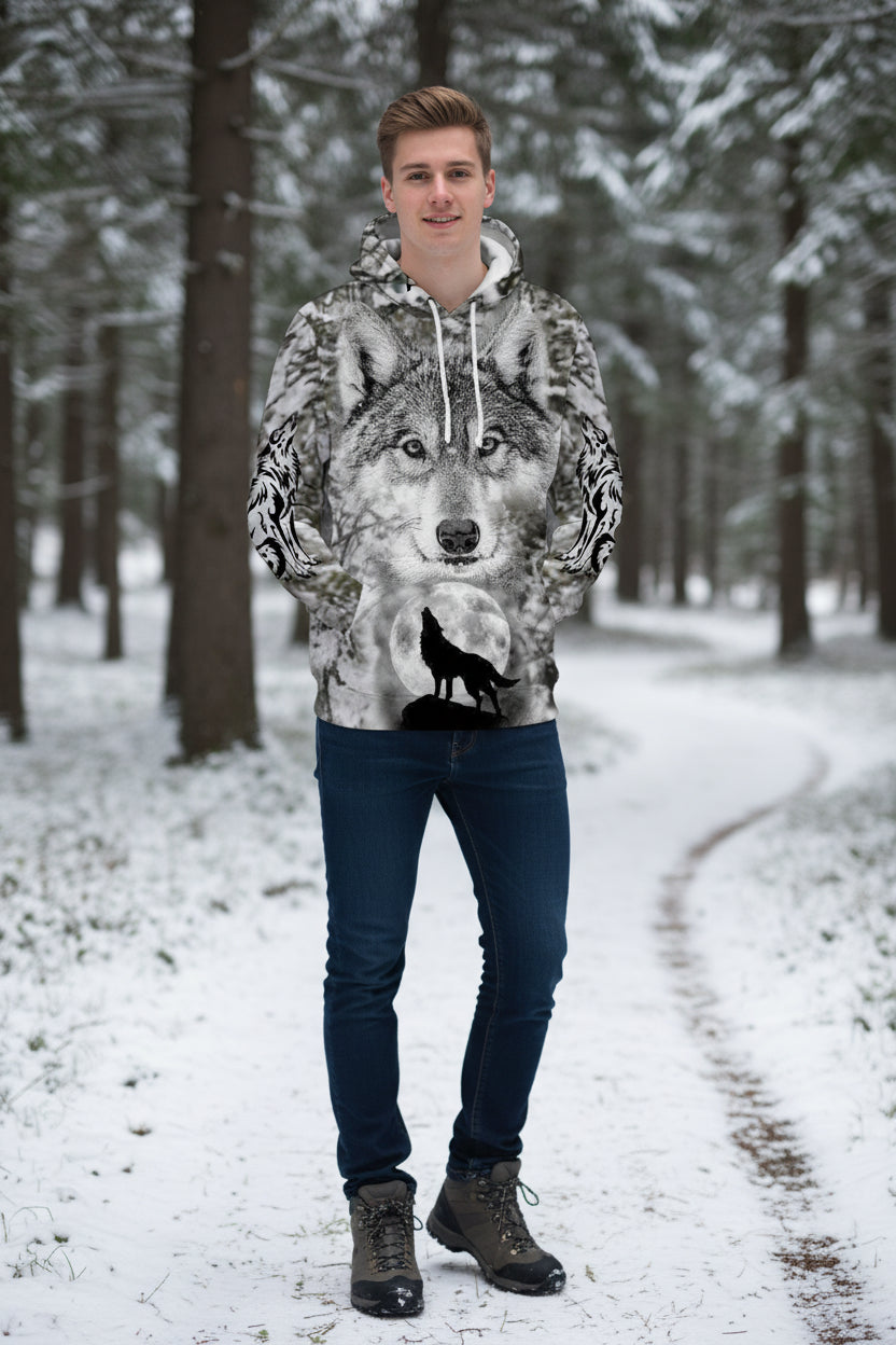 Hoodie with a wolf design on a white background