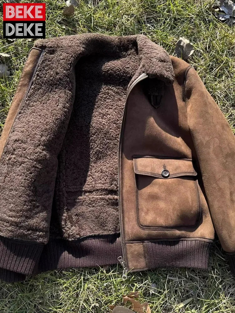 Luxury Genuine Leather Suede Men Jacket Wool Lining Coat Retro Winter Warm Sheepskin Jackets Turndown Collar Real Fur Outerwear