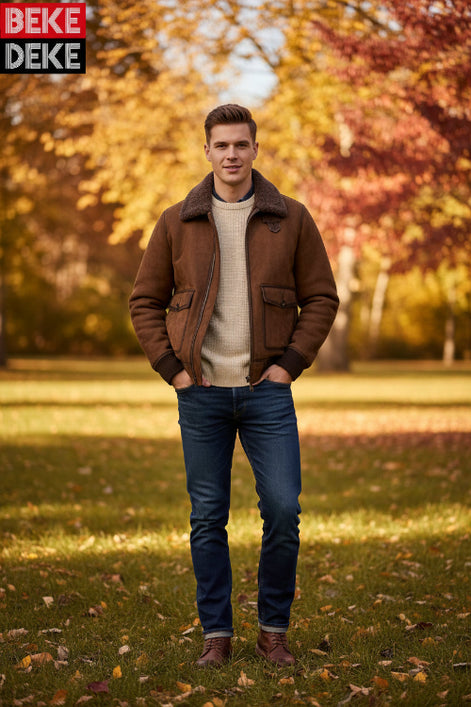 A brown suede and shearling jacket laid flat on grass, with a red and black 'BEKE DEKE' logo overlay in the top-left corner.