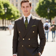 Brown suit jacket with gold buttons and matching pants on a white background