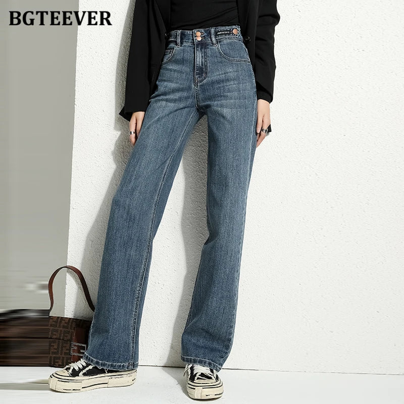 BGTEEVER Vintage Double Buttons Straight Jeans Pants Women Spring Autumn High Waist Loose Pockets Female Wide Leg Denim Trousers