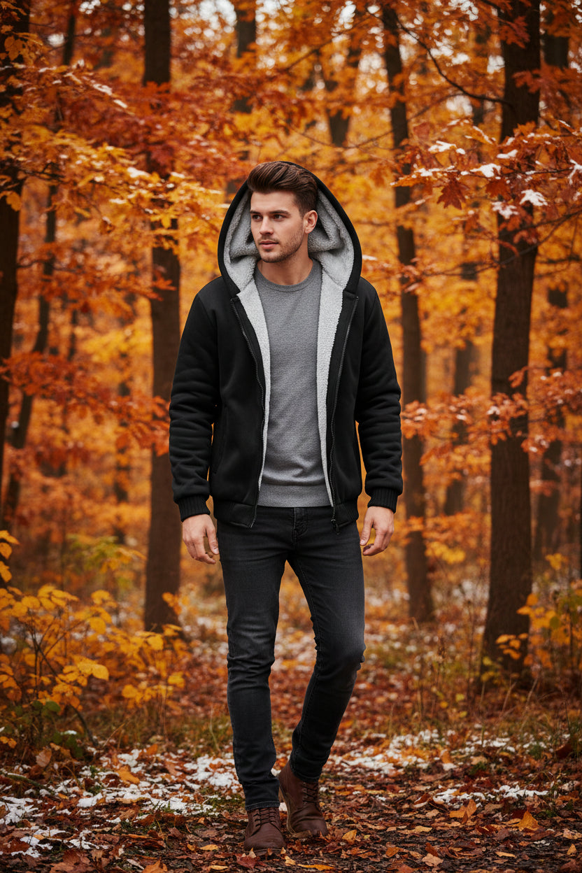 Black hoodie with gray fleece lining shown from front and back on a white background