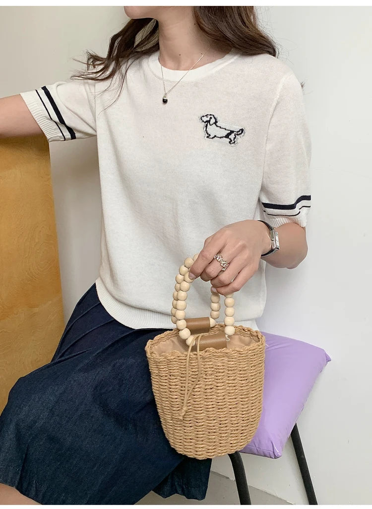 Summer 100% cotton women's T-shirt casual solid color knitted pullover short sleeved loose round neck Tees Pull embroidered Tops