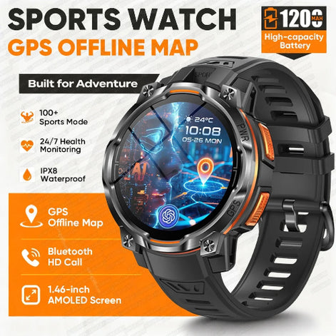 A rugged black sports watch with a round display and orange accents, shown on a white and orange promotional background with text highlighting GPS offline map, 120+ 