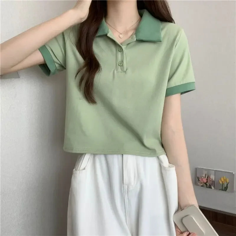 Plain Female Tee Slim Women's Polo Shirts T-shirts Short Sleeve T-shirt in Trend 2025 Youthful Clothes Korean Clothing Elegant