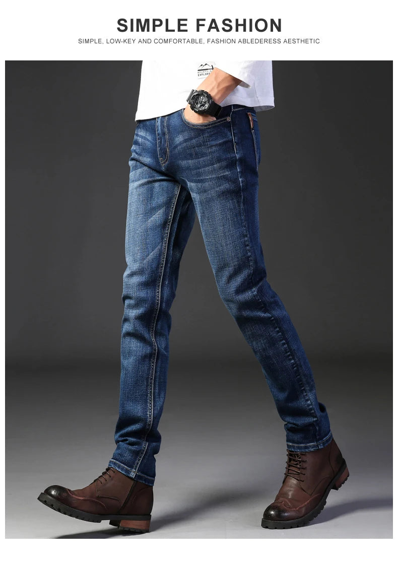 Person wearing blue jeans and brown shoes on a gray background with text 'Simple Fashion'.