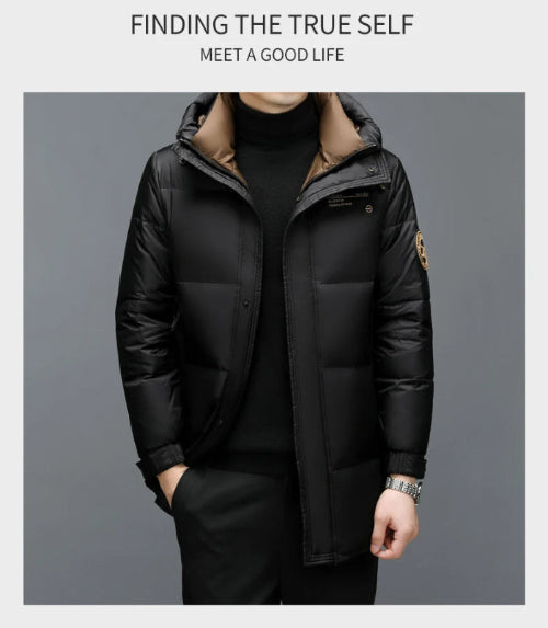 Black puffer jacket worn by a person on a gray background with text 'Finding the True Self, Meet a Good Life'.