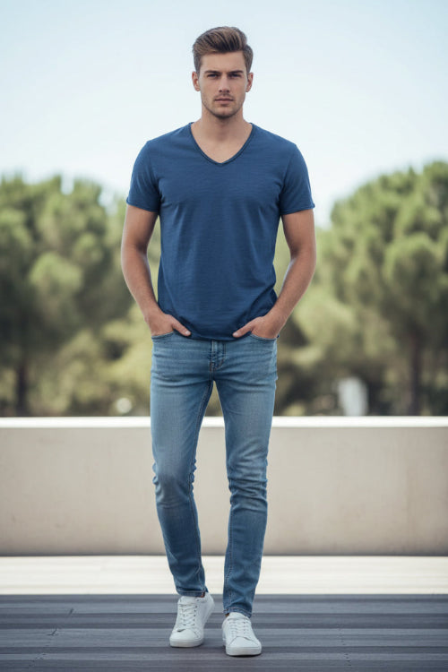 Blue V-neck t-shirt on a white background