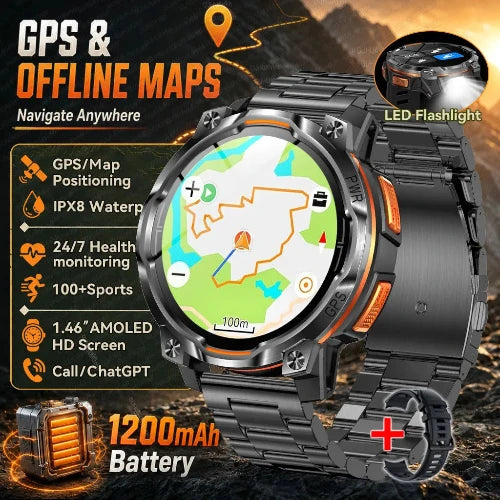Black and orange rugged smartwatch with a metal link band, shown with feature callouts including GPS & offline maps, LED flashlight, IPX8