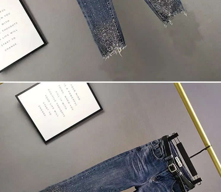 Heavy Industry Hot Diamond Jeans for Women 2026 Summer New Thin Slim High Waist Versatile Seven Point Jeans Female Casual Pants