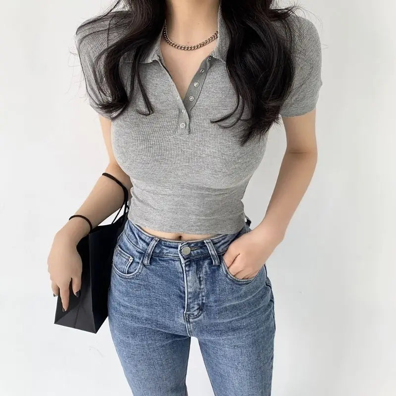 Polo Neck Shirt for Women Sexy Woman T Coquette Clothes Plain 100℅ Cotton Button Slim Korean Style with Collar Pretty Cheap Tops