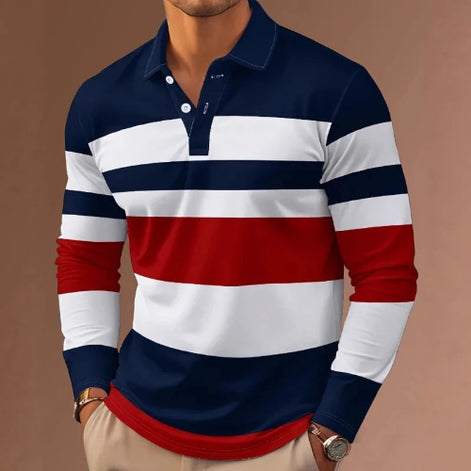Long-sleeve polo shirt with red, white, and blue stripes on a brown background
