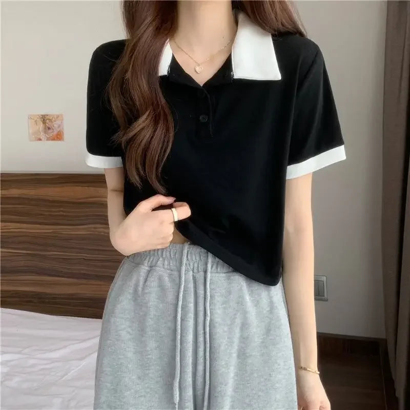Plain Female Tee Slim Women's Polo Shirts T-shirts Short Sleeve T-shirt in Trend 2025 Youthful Clothes Korean Clothing Elegant