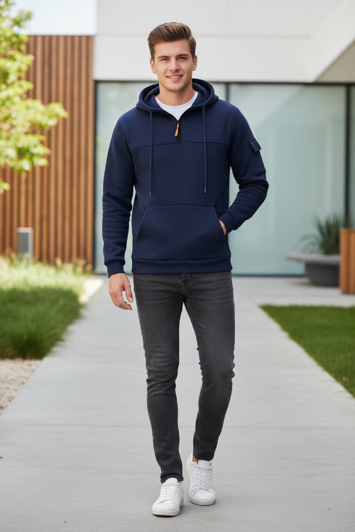 Navy blue hoodie with orange drawstring on a white background