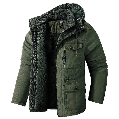 Green winter jacket with a fur-lined hood on a white background