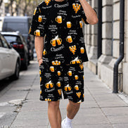 A man walking on a city sidewalk wearing a matching black short-sleeve t-shirt and shorts set with a repeating beer 