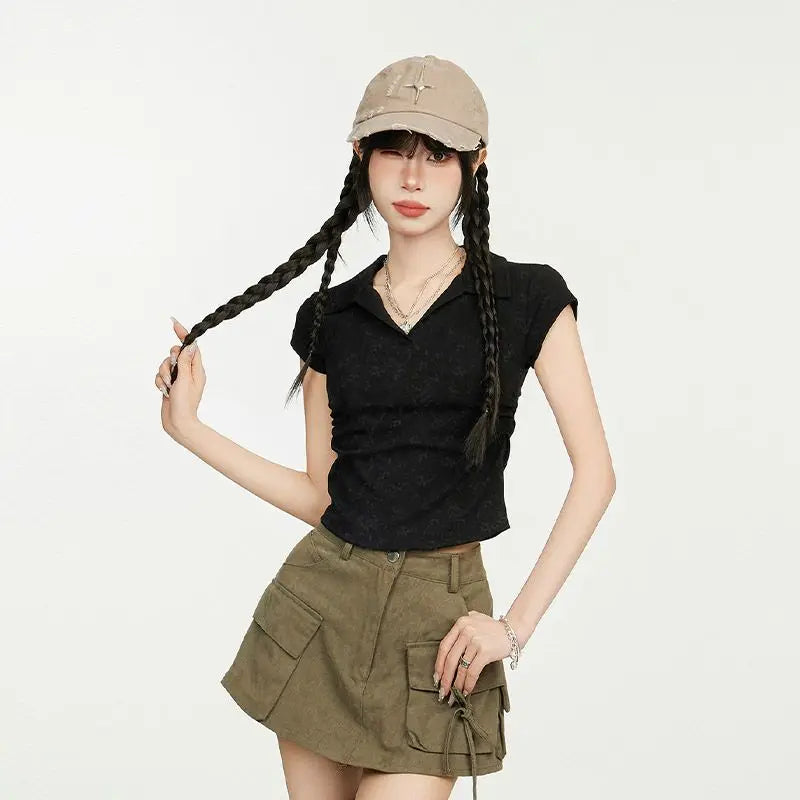 Women American V Neck Polo Collar Tie Dye T Shirt Summer Short Sleeve Slim Waist Cropped Casual Top