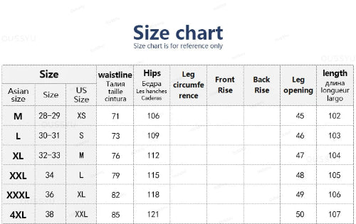Size chart for clothing measurements on a white background