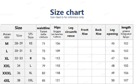 Size chart for clothing measurements on a white background