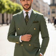 Green suit with jacket, pants, and tie on a white background